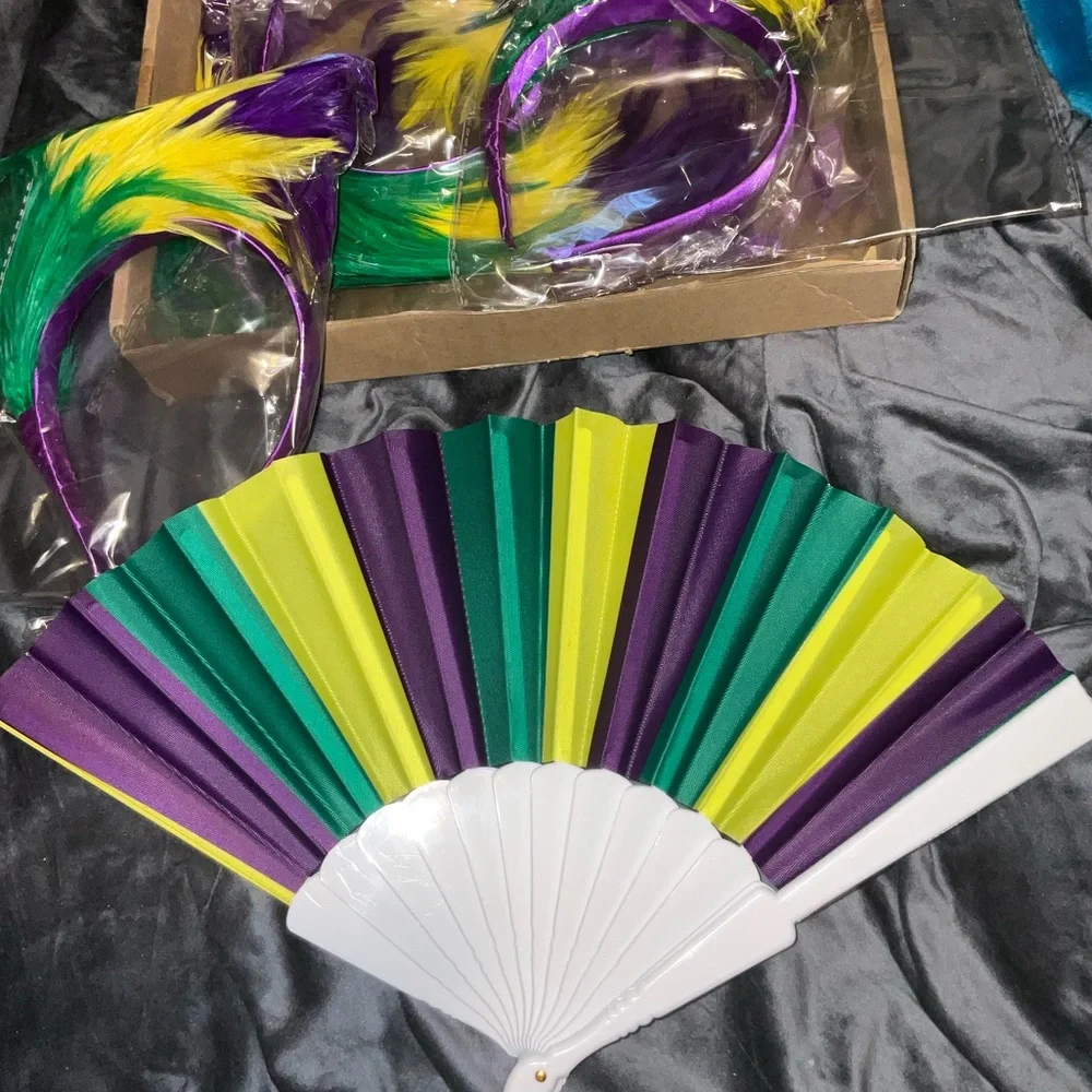 3pc Mardi Gras Vibrant Party Fan and Headband & SCARF set new